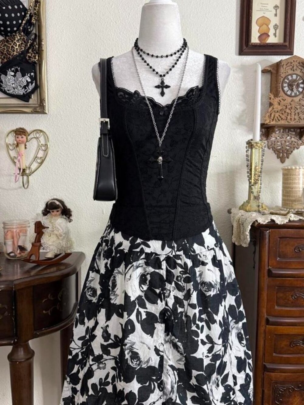 Y2k romantic goth rose floral black and white knee length skirt